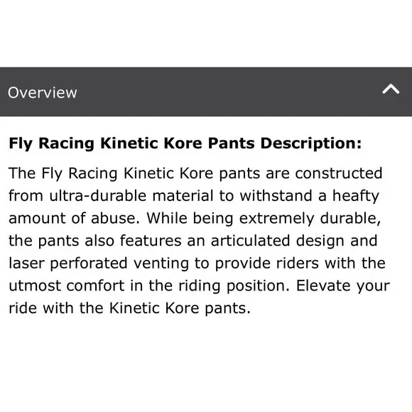 NWT Fly Racing Kinetic Kore Black Gray Performance Pants Size 42